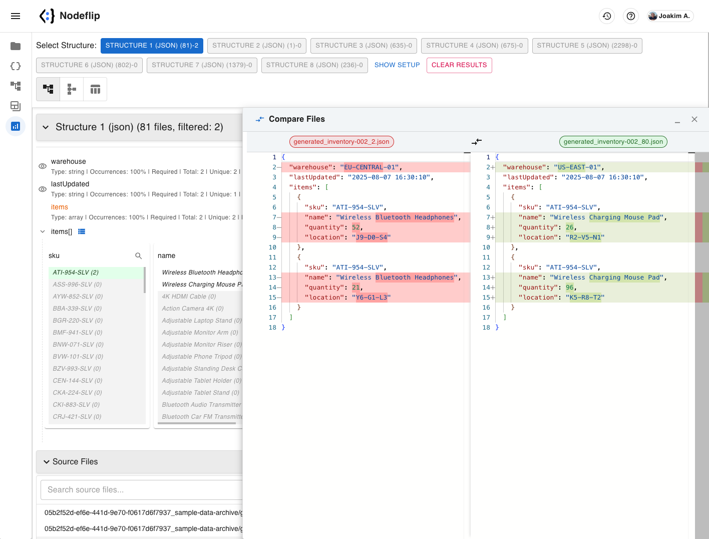 Data Analysis diff comparison showing side-by-side file comparison when filtered to exactly two files